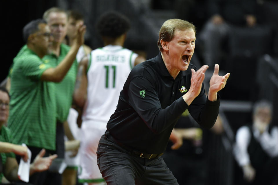 Oregon head coach Dana Altman encourages his team as they play Florida A&M during the first half of an NCAA college basketball game Monday, Nov. 7, 2022, in Eugene, Ore. (AP Photo/Andy Nelson)