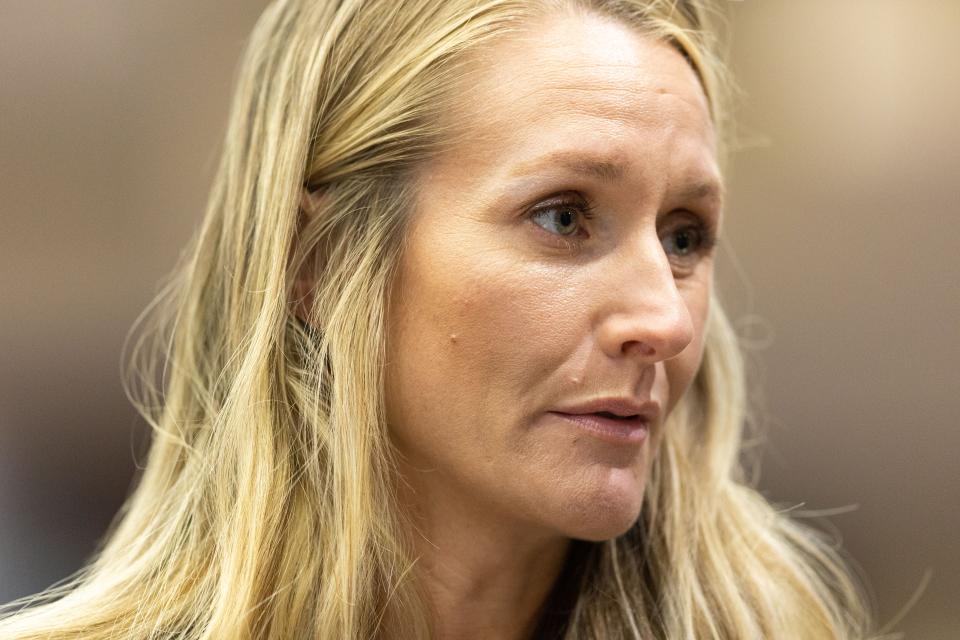 Assistant State Attorney Sarah Dugan talks with Assistant State Attorney Georgia Cappleman during a recess on Tuesday, Oct. 31, 2023.