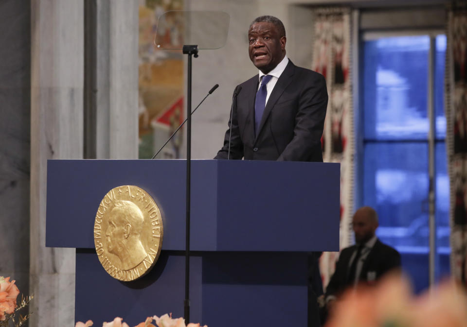 The Peace Prize laureate Dr. Denis Mukwege gives his speech during the Nobel Peace Prize Ceremony in Oslo Town Hall, Oslo, Monday Dec. 10, 2018. Dr. Denis Mukwege of Congo and Nadia Murad of Iraq jointly receive the Nobel Peace Prize recognising their efforts to end the use of sexual violence as a weapon of war and armed conflict. (Haakon Mosvold Larsen / NTB scanpix via AP, Pool)