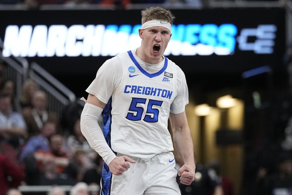 Creighton guard Baylor Scheierman (55) reacts to play against Princeton in the second half of a Sweet 16 round college basketball game in the South Regional of the NCAA Tournament, Friday, March 24, 2023, in Louisville, Ky. (AP Photo/John Bazemore)