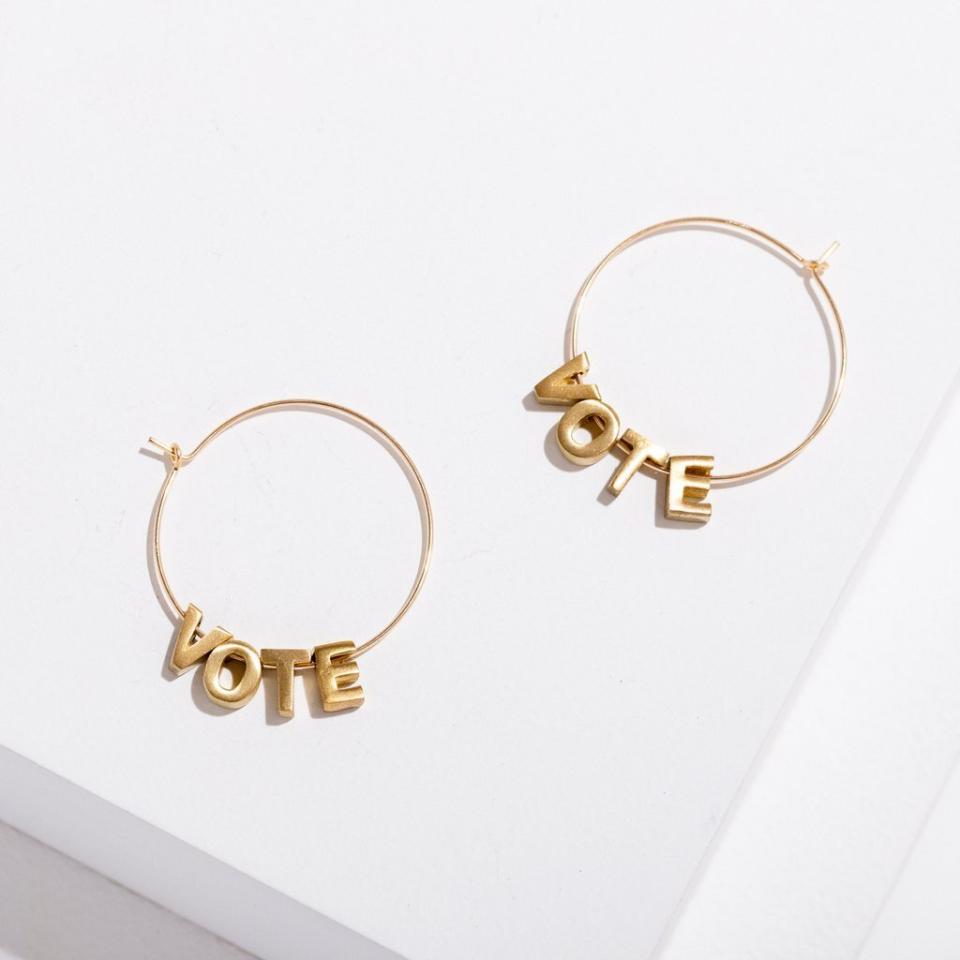 Get the <a href="https://larissaloden.com/products/vote-earrings" target="_blank" rel="noopener noreferrer">Larissa Loden vote earrings﻿</a> for $70.