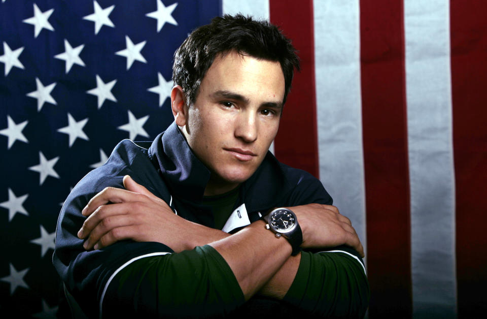 FILE - US Olympic freestyle moguls skier Jeremy Bloom poses for a portrait on Oct. 11, 2005, in Colorado Springs, Colo. Olympians including Michael Phelps, Apolo Ohno and Bloom are opening up about their mental health struggles in a new sobering documentary about suicide and depression among the world's greatest athletes. Many of the athletes are sharing their pain for the first time in HBO's "The Weight of Gold," which aims to expose the problem, incite change among Olympics leadership and help others experiencing similar issues feel less alone. (AP Photo/Ed Andrieski, File)