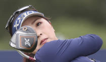 Japan's Serena Aoki rlines hits her driver off the 14th tee during the second round of the Women's British Open golf championship, in Carnoustie, Scotland, Friday, Aug. 20, 2021. (AP Photo/Scott Heppell)