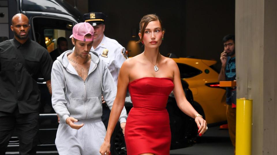 new york, new york august 28 justin bieber and hailey bieber arrive at krispy kreme in times square on august 28, 2023 in new york city photo by robert kamaugc images