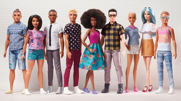 Barbie's Fashionista's line of dolls in a variety of body types, shapes, and ethnic origins.
