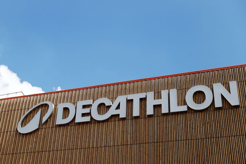 FILE PHOTO: Logo of Decathlon in Montreuil near Paris