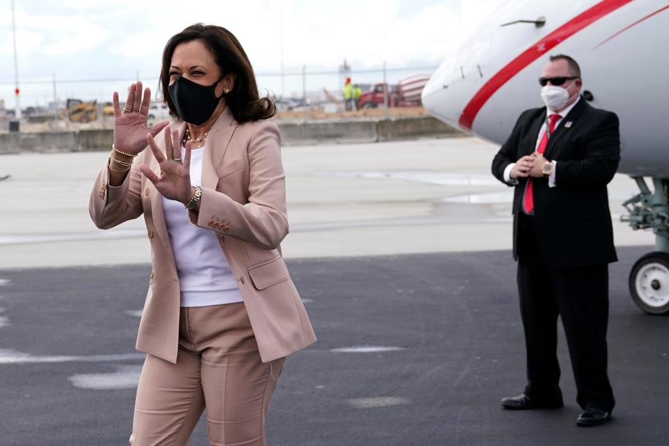Democratic vice presidential candidate Sen. Kamala Harris, D-Calif., arrives at Miami International Airport, Thursday, Sept. 10, 2020, in Miami.