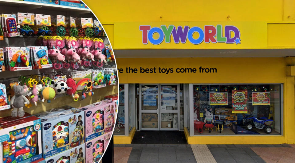 A Toyworld store and an inset of toys on a shelf. 