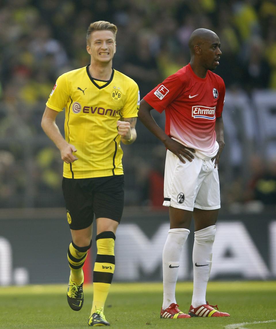 Borussia Dortmund's Reus celebrates a goal against Freiburg during the German first division Bundesliga soccer match in Dortmund