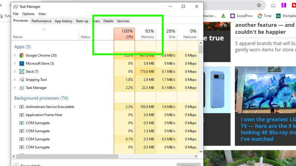 The Geobook 2E Task Manager showing the CPU usage maxed out to 100%