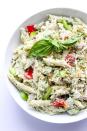 <p>You had us at pesto.</p><p>Get the recipe from <a rel="nofollow noopener" href="http://www.littlebroken.com/2015/03/03/greek-yogurt-pesto-chicken-pasta/" target="_blank" data-ylk="slk:Little Broken;elm:context_link;itc:0;sec:content-canvas" class="link ">Little Broken</a>.</p>