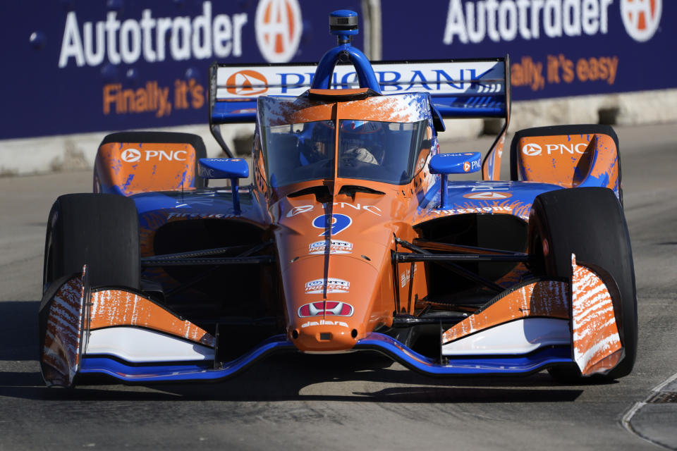Scott Dixon, of New Zealand, practices for the IndyCar Detroit Grand Prix auto racing doubleheader on Belle Isle in Detroit Friday, June 11, 2021. (AP Photo/Paul Sancya)