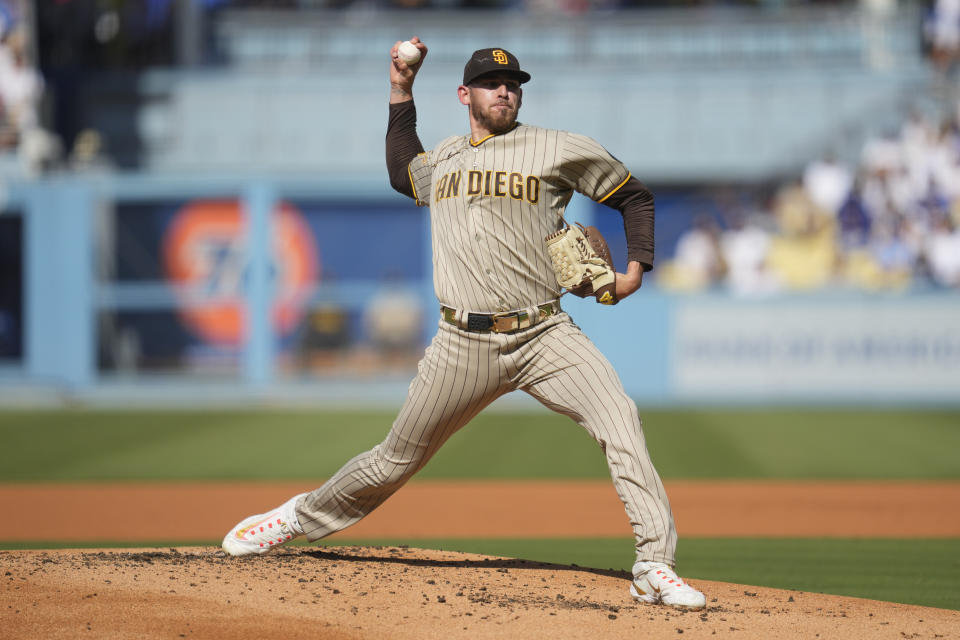 San Diego Padres starting pitcher Joe Musgrove (44) throws during the first inning of a baseball game against the Los Angeles Dodgers in Los Angeles, Saturday, May 13, 2023. (AP Photo/Ashley Landis)