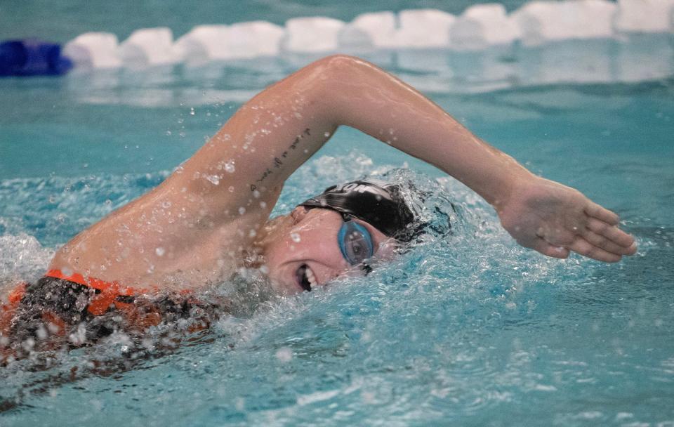 Hoover's Annabelle Nixon competes in the 200 yard freestyle against Green at Hoover, Friday January 6, 2023. 