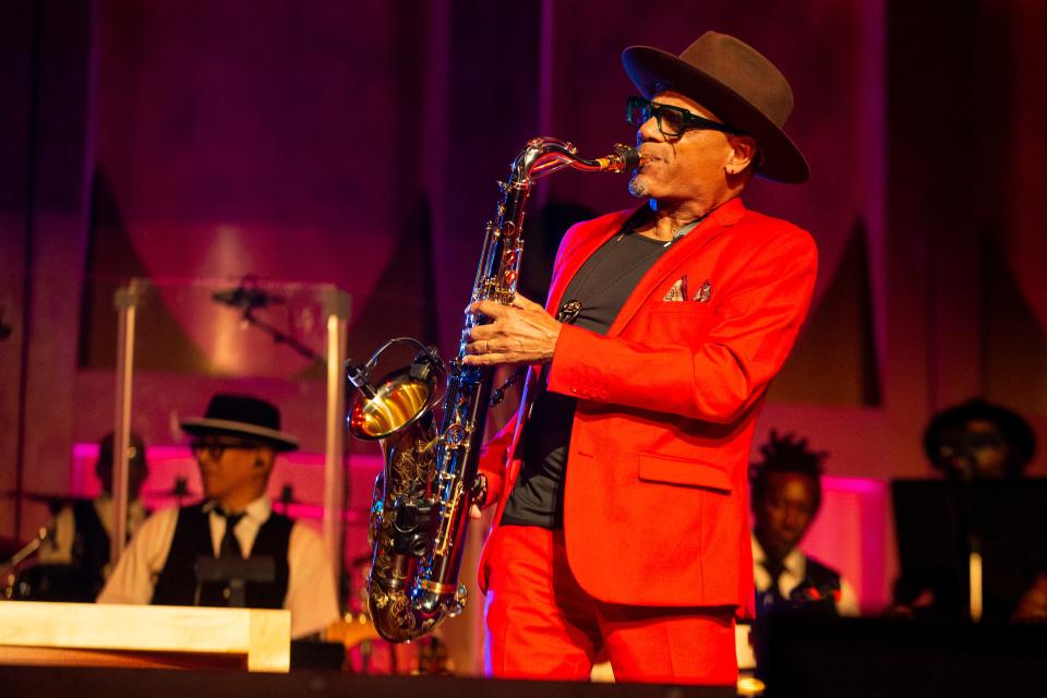 Kirk Whalum performs after he was inducted during the 2023 Memphis Music Hall of Fame Induction Ceremony at the Cannon Center for the Performing Arts in Memphis, Tenn., on Thursday, October 12, 2023.