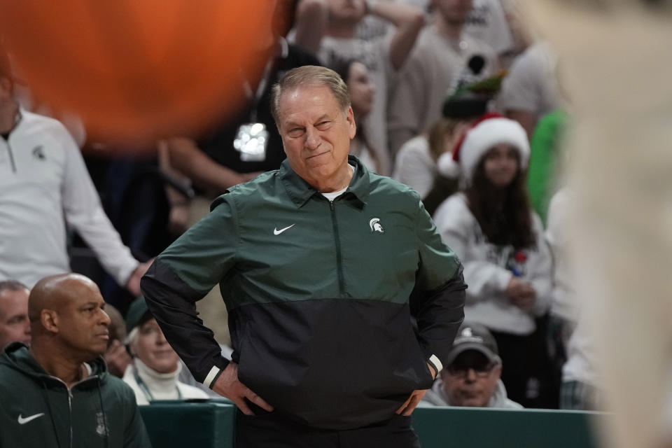 Michigan State head coach Tom Izzo shows displeasure after a play during the second half of an NCAA college basketball game against Wisconsin, Tuesday, Dec. 5, 2023, in East Lansing, Mich. (AP Photo/Carlos Osorio)