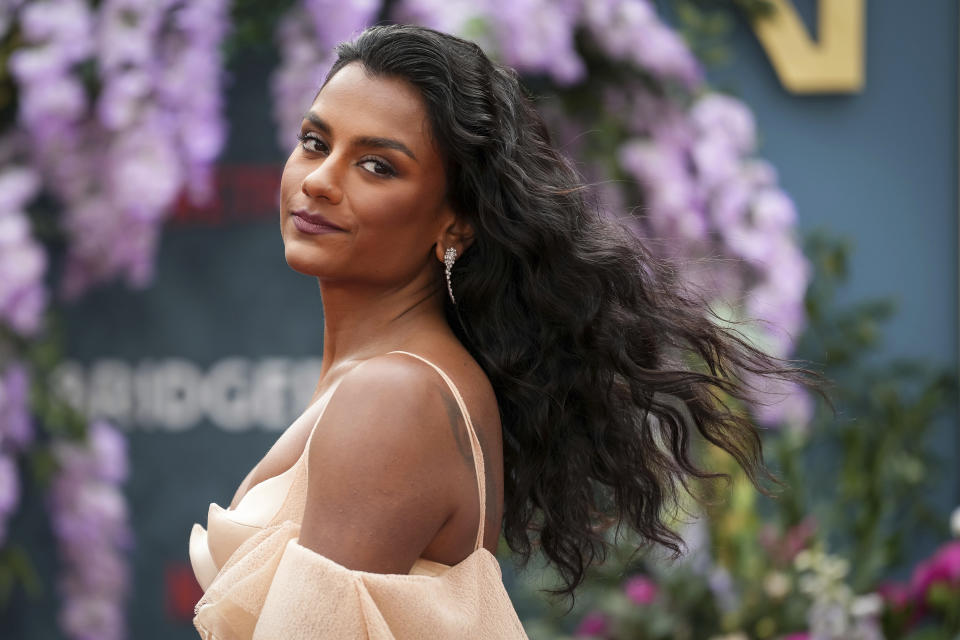 Simone Ashley poses for photographers upon arrival at the season three part two screening of the television series 'Bridgerton', in London, Wednesday, June 12, 2024. (Photo by Scott A Garfitt/Invision/AP)