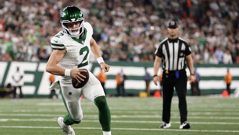 New York Jets quarterback Zach Wilson (2) runs for a two-point conversion against the Kansas City Chiefs during the third quarter of an NFL football game, Sunday, Oct. 1, 2023, in East Rutherford, N.J. 
