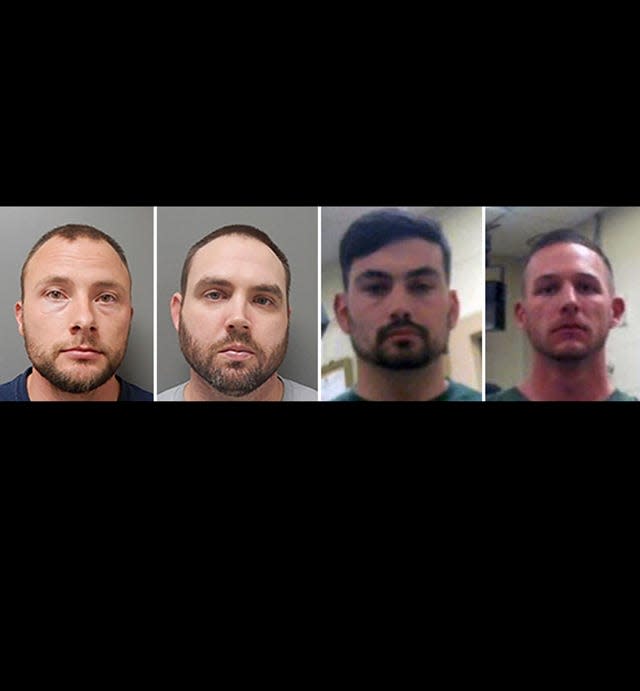 This combination of photos provided by the Ouachita Correctional Center and Franklin Parish Sheriff's Office shows Louisiana State Police Troopers Jacob Brown, left to right, Randall Dickerson, George Harper and Dakota DeMoss. The May 2020 arrest of Antonio Harris bears strong resemblance to the State Police pursuit a year earlier that ended in the still-unexplained death of Ronald Greene.