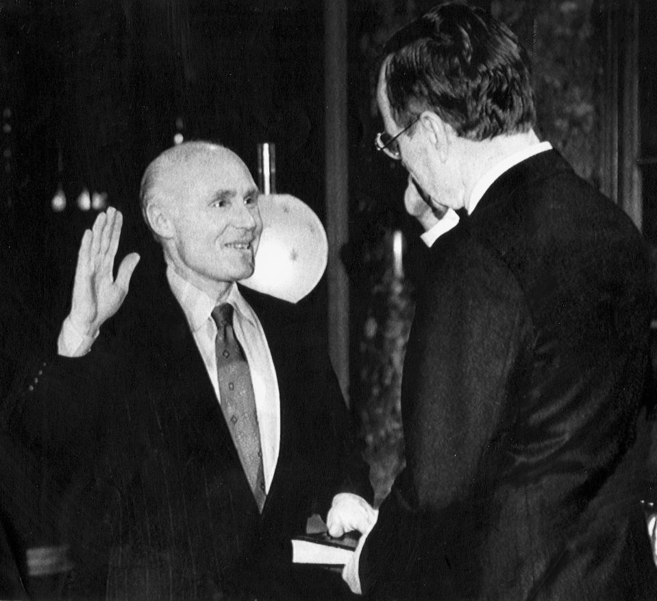 U.S. Sen. Herbert H. Kohl (D-Wis.) is with President-elect George H.W. Bush during his swearing-in ceremony for his first Senate term in Washington, D.C., on Jan. 3, 1989. Kohl won all four of his elections (1988, 1994, 2000 and 2006).