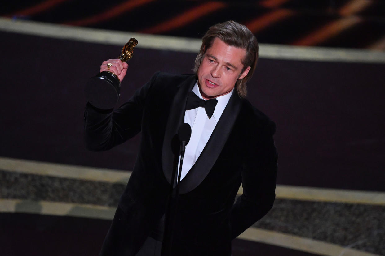 US actor Brad Pitt accepts the award for Best Actor in a Supporting Role for "Once upon a Time...in Hollywood" during the 92nd Oscars at the Dolby Theatre in Hollywood, California on February 9, 2020. (Photo by Mark RALSTON / AFP) (Photo by MARK RALSTON/AFP via Getty Images)