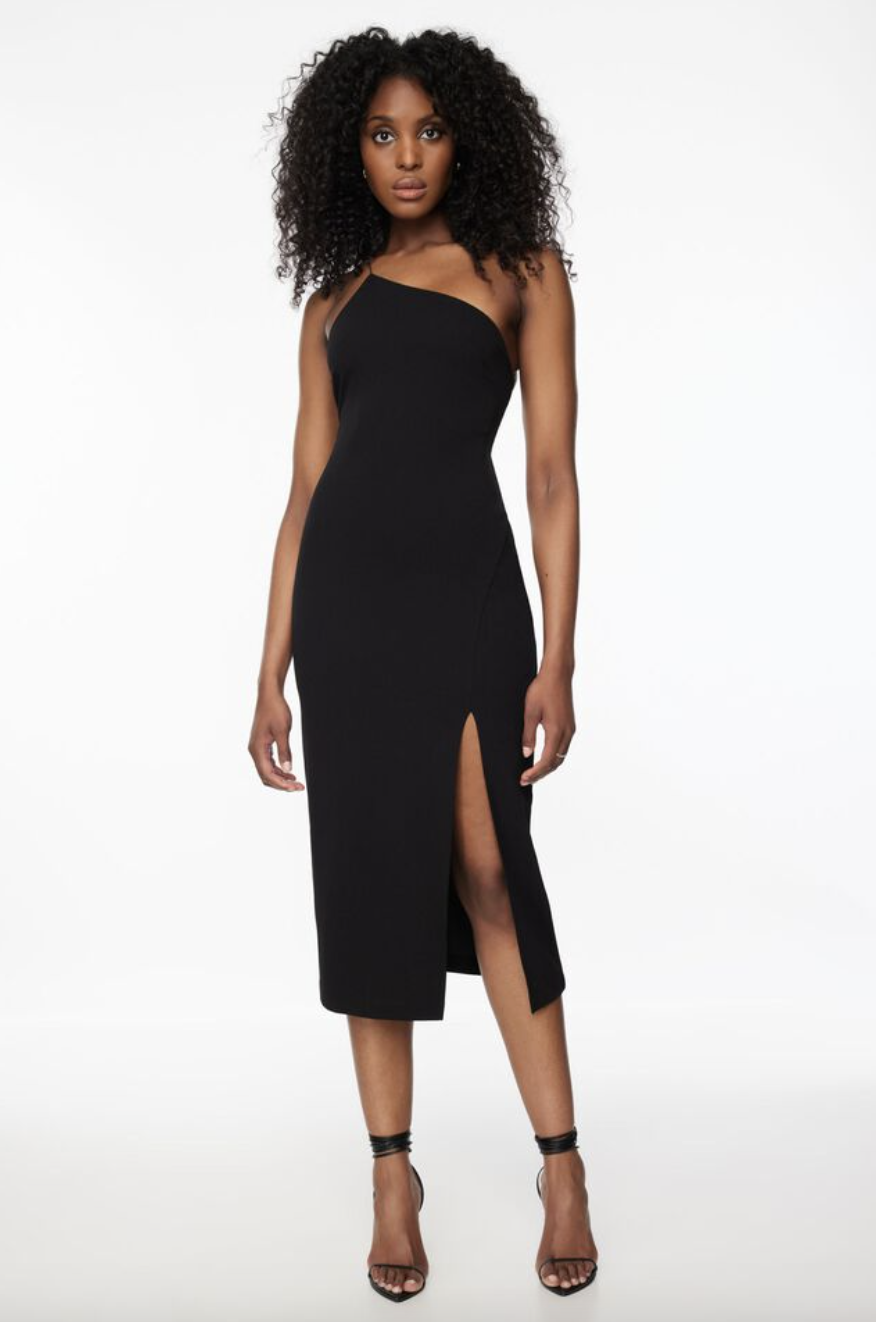 model with afro wearing black Asymmetrical Open Back Midi Dress (photo via Dynamite)