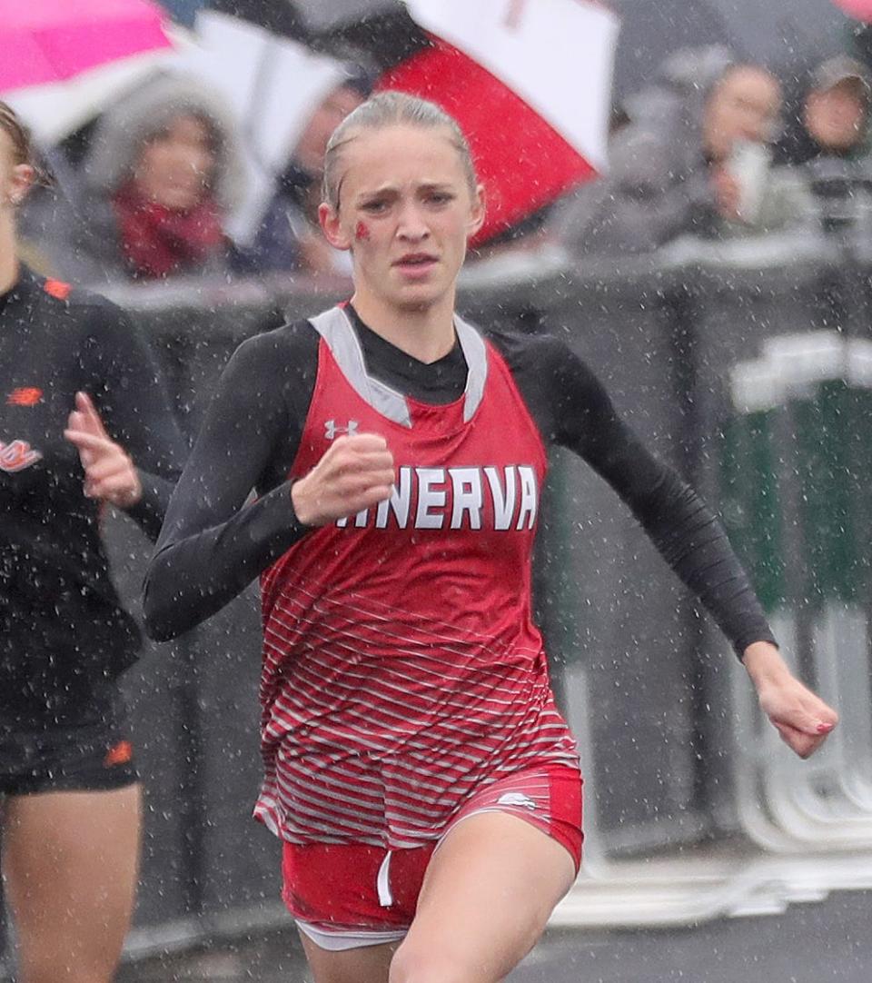 Minerva's Kyleigh Lippincott wins the girls 100 meters at last week's Eastern Buckeye Conference Track and Field Championships.