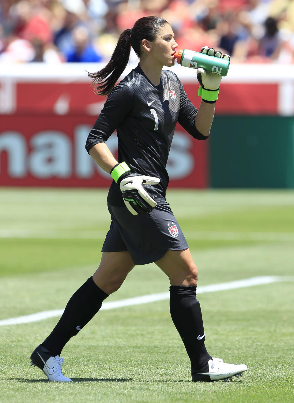 Goalkeeper Hope Solo #1 of the USA takes a drink during a game against Canada during the second half of the women's Olympic send-off soccer match June 30, 2012 at Rio Tinto Stadium in Sandy, Utah. The USA beat Canada 2-1. (Photo by George Frey/Getty Images)