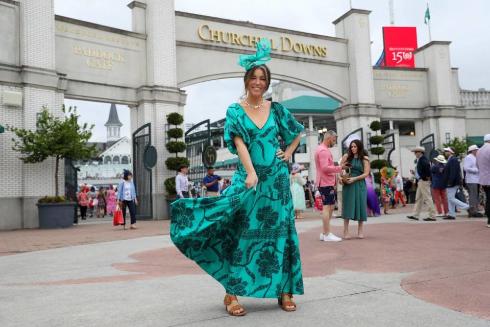Katie LaGrasso wears a green dress at Churchill Downs in Louisville, Ky., Saturday, May 4, 2024.