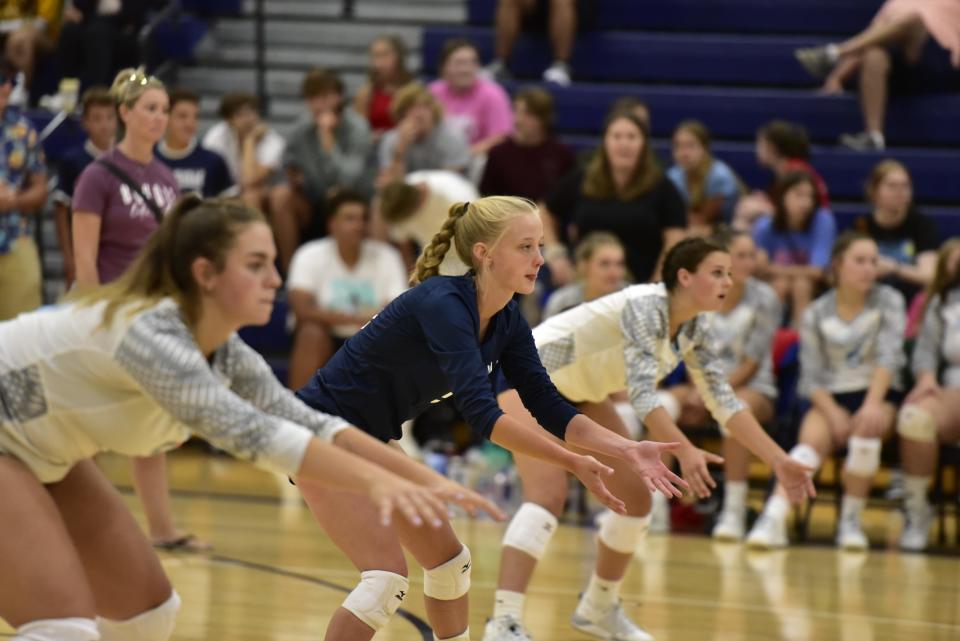 Marysville's Kara Miller (middle) prepares for a serve during a game earlier this season. She finished with 31 digs in the Vikings' 3-0 loss to North Branch in a Division 2 regional semifinal on Tuesday.