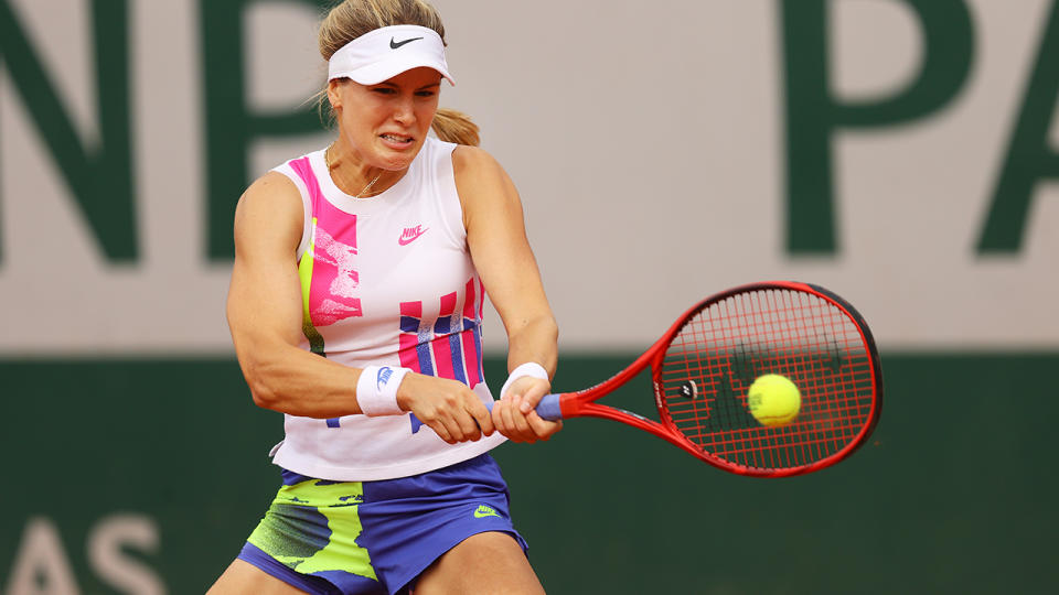 Eugenie Bouchard plays a backhand against Daria Gavrilova at the French Open. (Photo by Julian Finney/Getty Images)