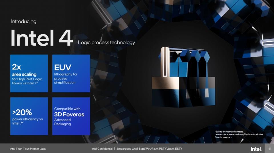 ▲以極紫外光微影 (EUV)技術為基礎的Intel 4製程，標榜讓電晶體密度相比前一個製程節點提高2倍，並且帶來20%以上降幅的功耗設計，更以全新3D Foveros先進封裝技術生產