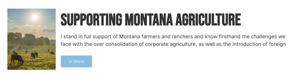 The portion of Sheehy's website touting his support for Montana agriculture — alongside a photo taken in Kentucky.