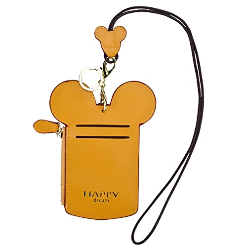 BUUFAN Chic Yellow Cute Travel PU Leather Student ID Card Holder Lanyard Neck Pouch Bag With Coin Wallet Purse for School Students Women Kids Teens Girls