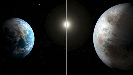 An artistic illustration compares Earth (L) to a planet beyond the solar system that is a close match to Earth, called Kepler-452b in this NASA image released on July 23, 2015. REUTERS/NASA/Ames/JPL-Caltech/T. Pyle/Handout