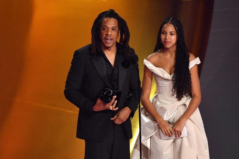 “The most Grammys, never won Album of the Year. That doesn’t work,” said Jay-Z (with daughter Blue Ivy) about wife Beyoncé at the 2024 Grammys in February. AFP via Getty Images