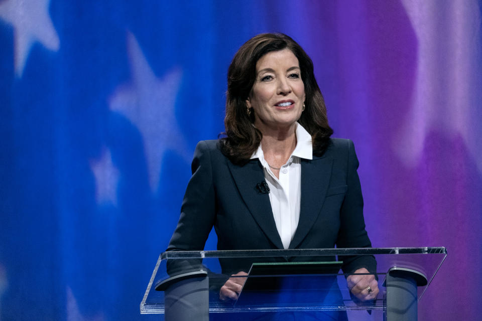 FILE - New York Gov. Kathy Hochul speaks during a New York governor primary debate at the studios of WNBC4-TV, June, 16, 2022, in New York. New York's Democratic primary for nominees for governor and lieutenant governor is Tuesday, June 28. (Craig Ruttle/Newsday via AP, Pool, File)