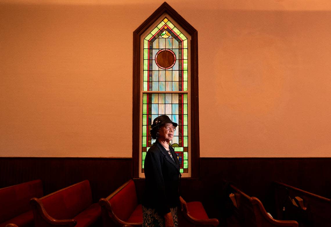 Myrtle Mayo, 92, is photographed at Dickerson Chapel AME Church on Sunday, April 21, 2024, in Hillsborough, N.C. Kaitlin McKeown/kmckeown@newsobserver.com