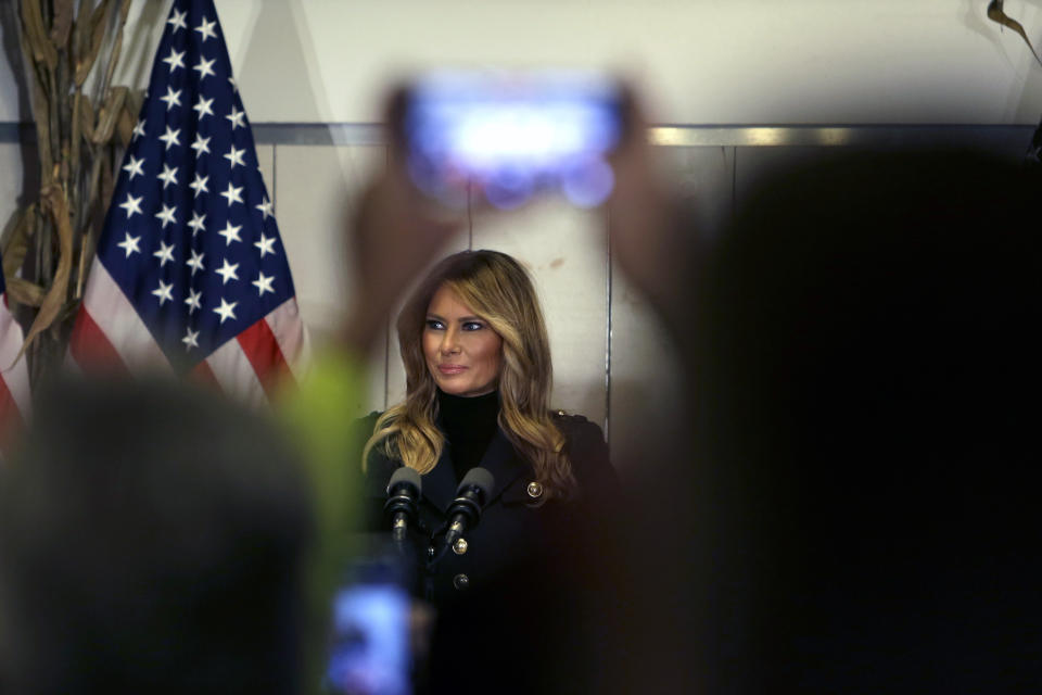 First lady Melania Trump speaks at a campaign rally Saturday, Oct. 31, 2020 in Wapwallopen, Pa (AP Photo/Jacqueline Larma)