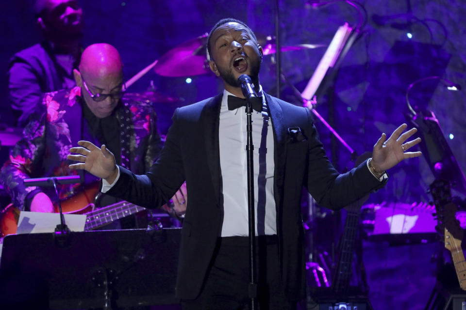 John Legend performs on stage at the Pre-Grammy Gala And Salute To Industry Icons at the Beverly Hilton Hotel on Saturday, Jan. 25, 2020, in Beverly Hills, Calif. (Photo by Willy Sanjuan/Invision/AP)