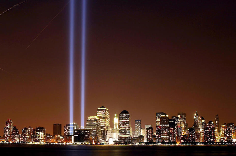 Towers of light signifying the two fallen structures on the 2nd anniversary of 9/11- September 11 2003