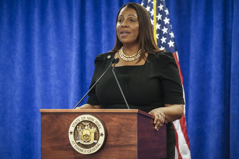 New York Attorney General Letitia James speaks during a press briefing, Friday, Feb. 16, 2024, in New York. A New York judge ordered Donald Trump and his companies on Friday to pay $355 million in penalties, finding they engaged in a yearslong scheme to dupe banks and others with financial statements that inflated his wealth. (AP Photo/Bebeto Matthews)