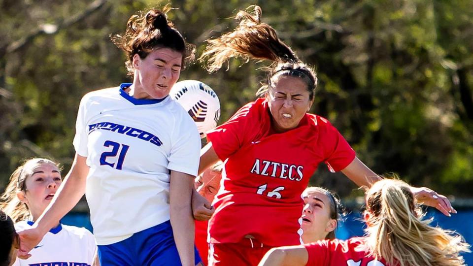 Boise State defender Macie Nelson, left, and San Diego State midfielder Kiera Utush leap for an Aztec corner kick early in the first half April 9, 2021, at Boas Soccer Complex in Boise. Nelson was named the Mountain West Defensive Player of the Year.