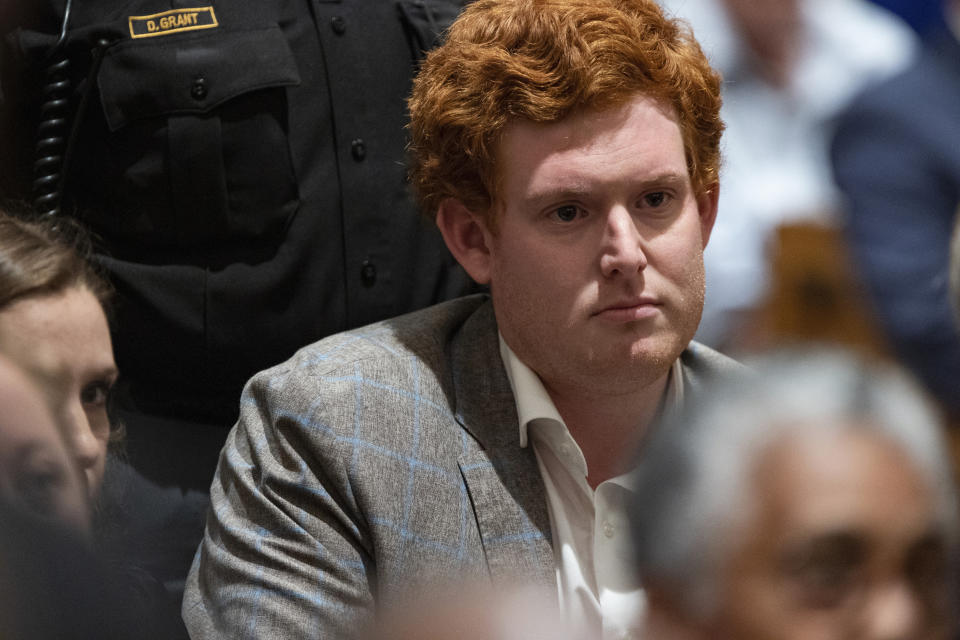 Buster Murdaugh, the son of Alex Murdaugh, listens as Alex Murdaugh's verdict is read at the Colleton County Courthouse in Walterboro, S.C., Thursday, March 2, 2023. Alex Murdaugh was found guilty on two counts of murder in the shooting deaths in June 2021 of his wife Maggie and son Paul. (Joshua Boucher/The State via AP, Pool)