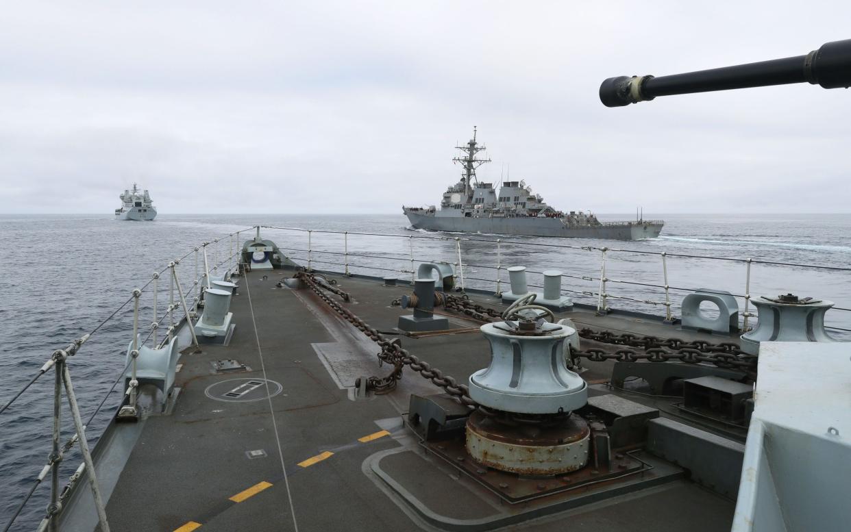 View from HMS Sutherland of USS Ross (middle) and RFA Tidespring (far) in the High North.  - HMS Sutherland