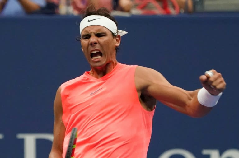 Master blaster: Rafael Nadal celebrates winning the second set against Karen Khachanov