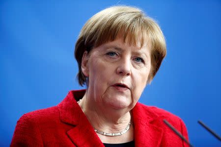 German Chancellor Angela Merkel attends a news conference after talks with Armenia's President Serzh Sargsyan at the Chancellery in Berlin, Germany, April 6, 2016. REUTERS/Hannibal Hanschke/File Photo