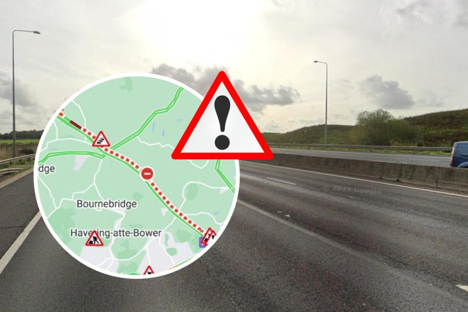 The M25 in Essex is closed clockwise between J27 (for the M11) and J28 (for the A12, near Brentwood) due to a serious collision involving a car i(Image: AA/Google)/i