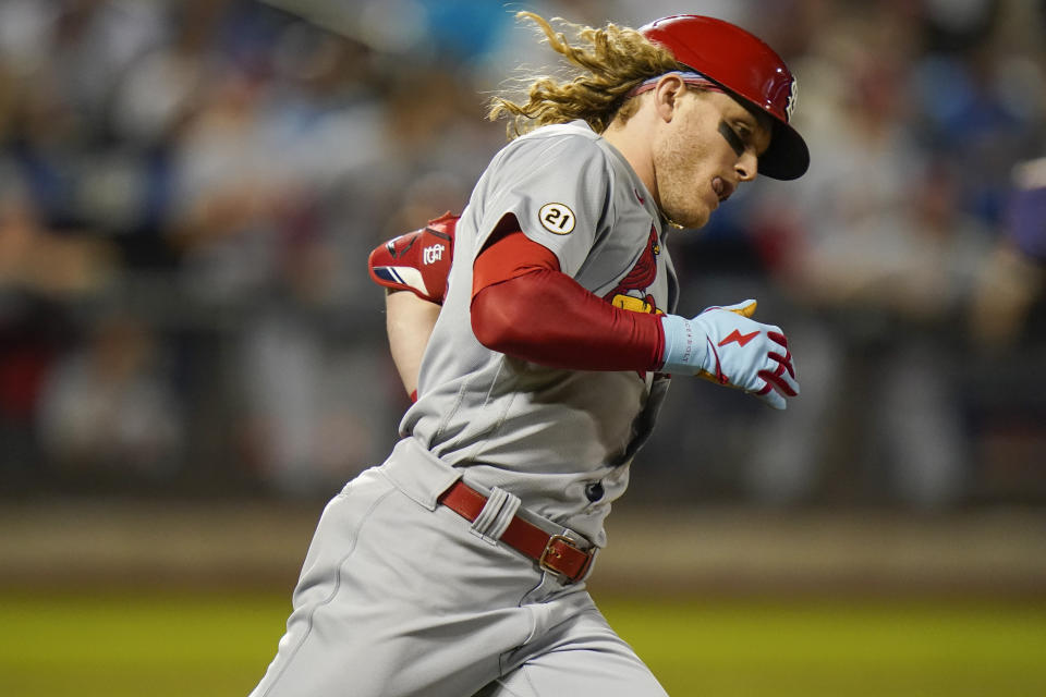 St. Louis Cardinals' Harrison Bader runs the bases after hitting a home run during the fourth inning of a baseball game against the New York Mets Wednesday, Sept. 15, 2021, in New York. (AP Photo/Frank Franklin II)