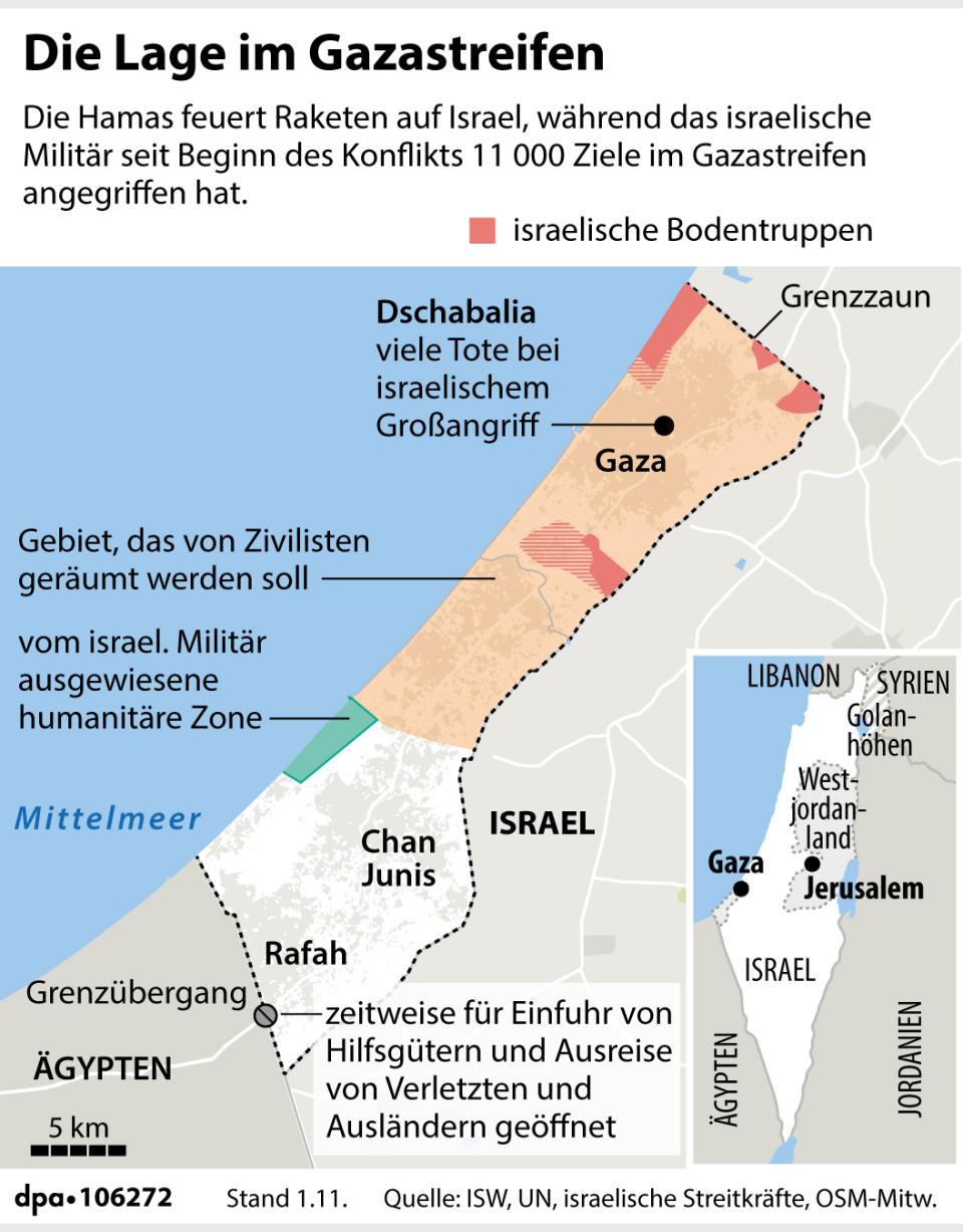 Karte zur Situation im Gazastreifen (Grafik: Bökelmann/Brühl/Zafirlis, Redaktion: Brühl/Loesche)